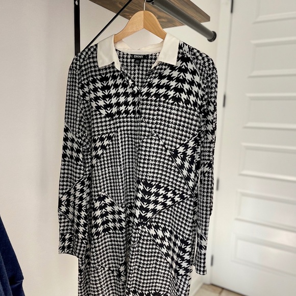 SALE! DKNY Shirt-Dress Black & White Houndstooth Pattern, Silk: Size L - Picture 6 of 10